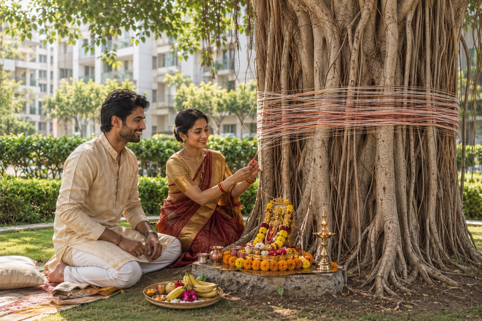 Indian Couple Celebrating Vat Purnima by Worshipping Sacred Banyan Tree in Residential Garden