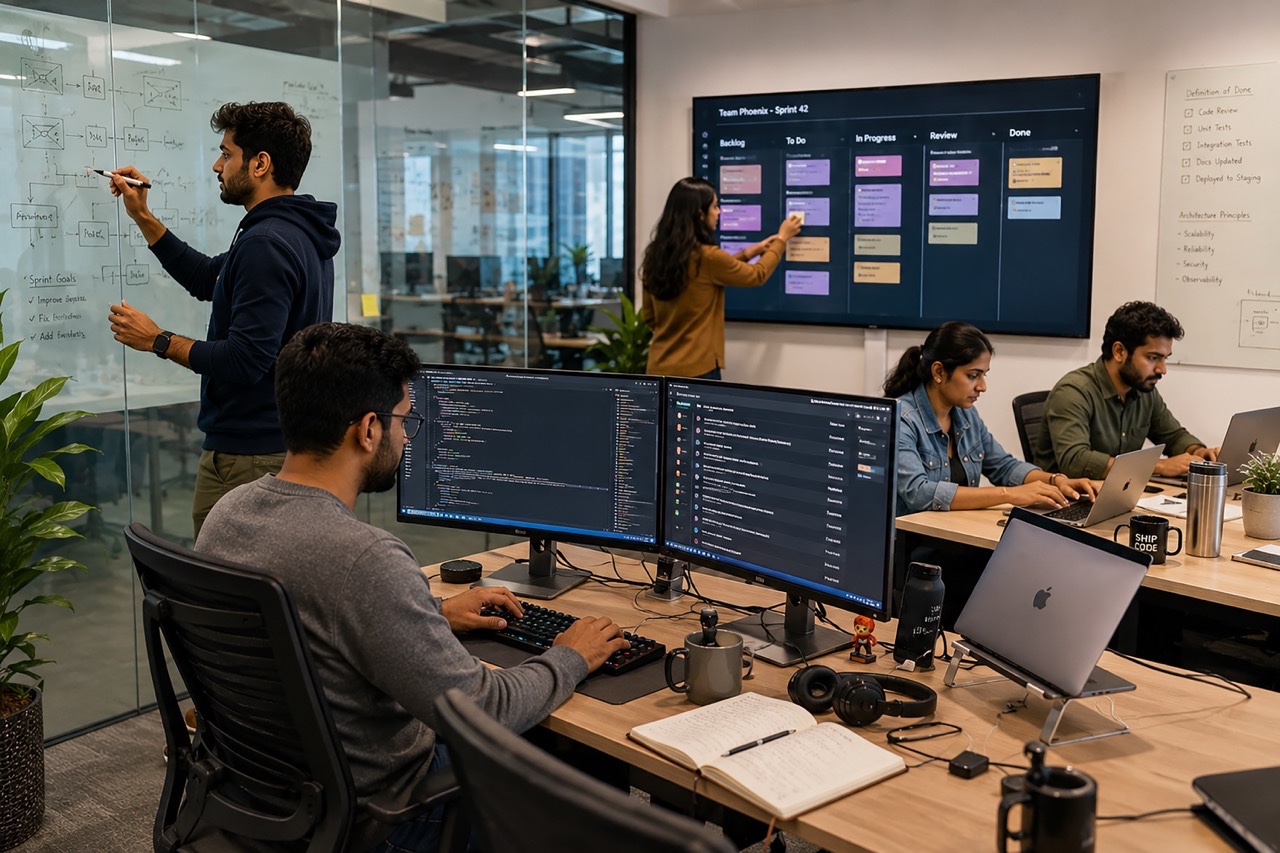 Indian Software Engineering Team Collaborating During Agile Sprint Planning Session Large