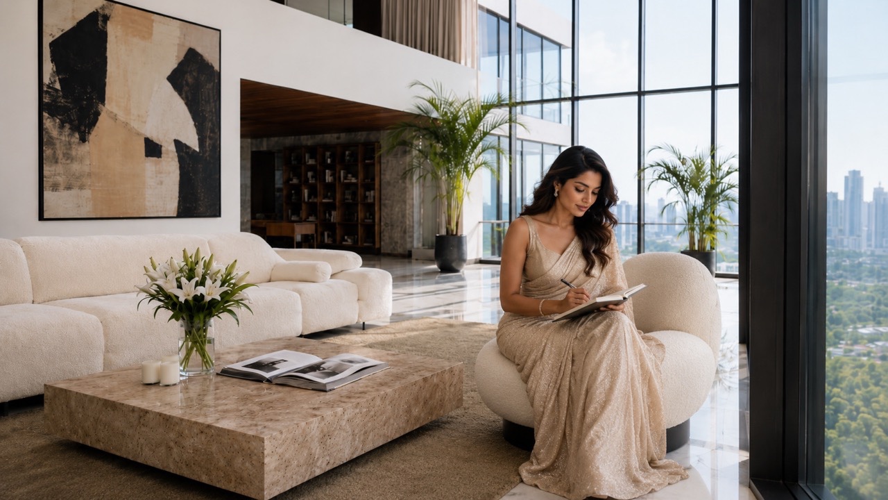Elegant Woman Arranging Lilies in Luxury High-Rise Living Room | Royalty-Free image | Pixlaris