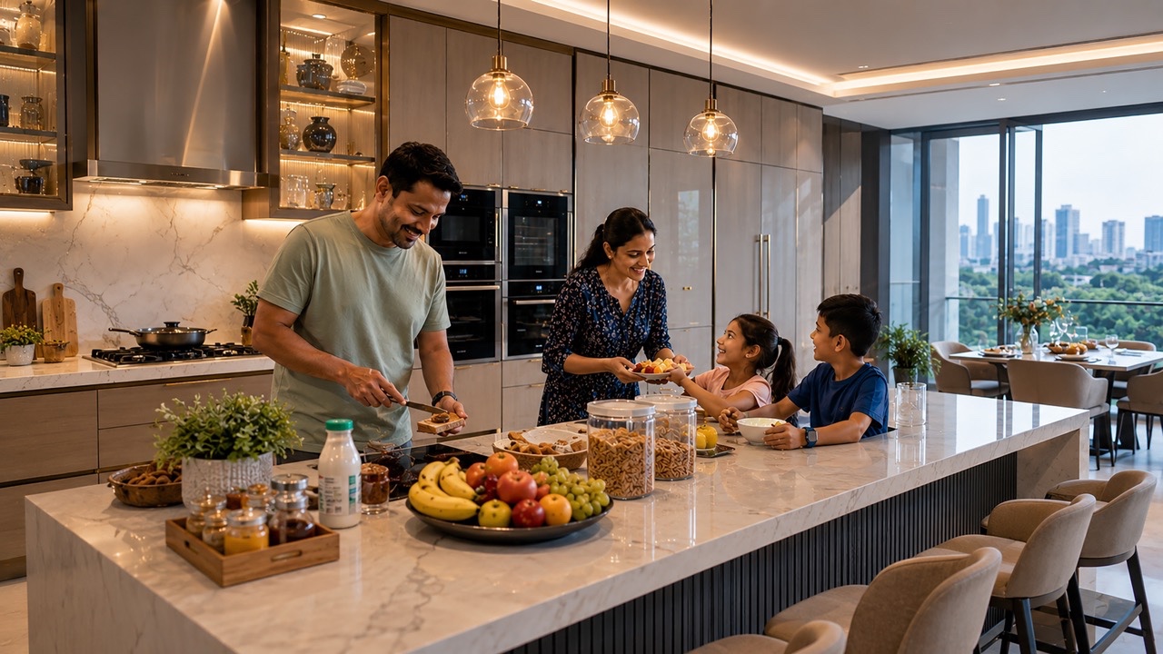 Indian Family Preparing Healthy Breakfast Together in Modern Luxury Kitchen Large