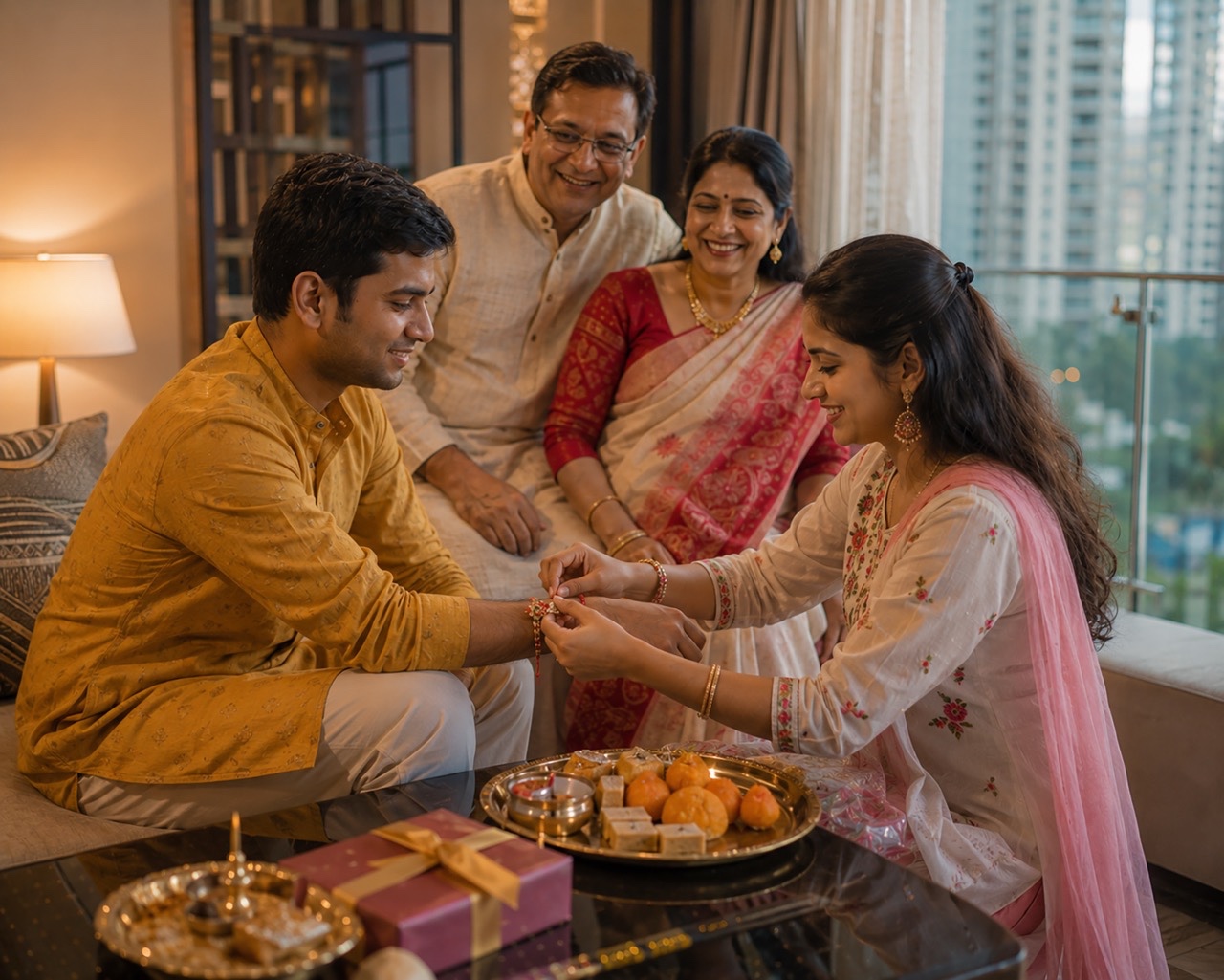 Indian Family Celebrating Raksha Bandhan at Home with Traditional Rakhi Ceremony and Sweets  Large