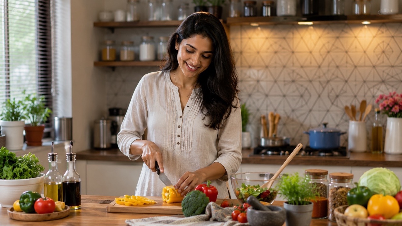 Indian Woman Preparing Fresh Vegetables in Modern Home Kitchen