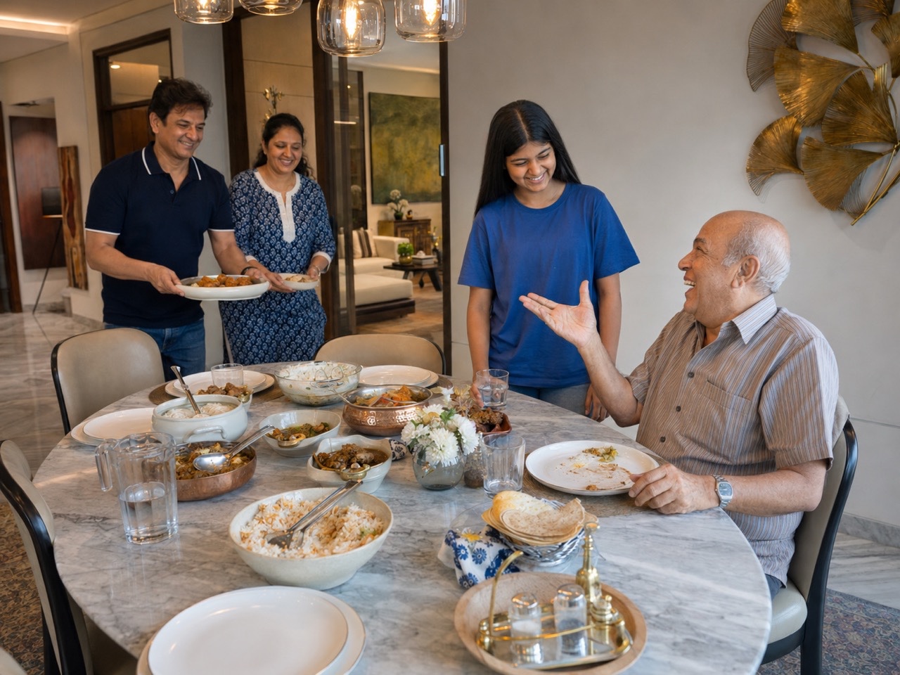 Indian Family Serving Lunch in Modern Luxury Dining Room | Royalty-Free image | Pixlaris