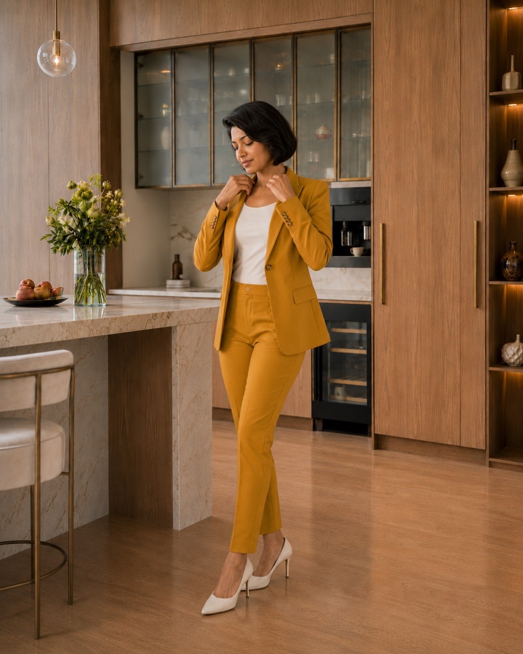 Confident Indian Woman Standing with Hands in Pockets in Mustard Suit | Royalty-Free image | Pixlaris