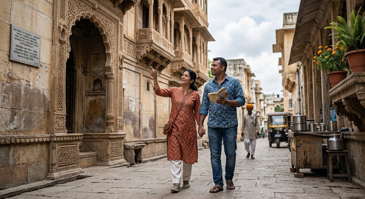 Couple Exploring Historic Heritage Street in India