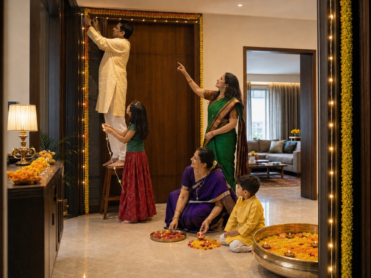Family Lighting Diyas During Festival Home Decoration | Royalty-Free image | Pixlaris
