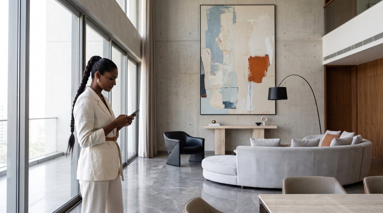 Elegant Woman in Luxury Apartment Interior Using Smartphone