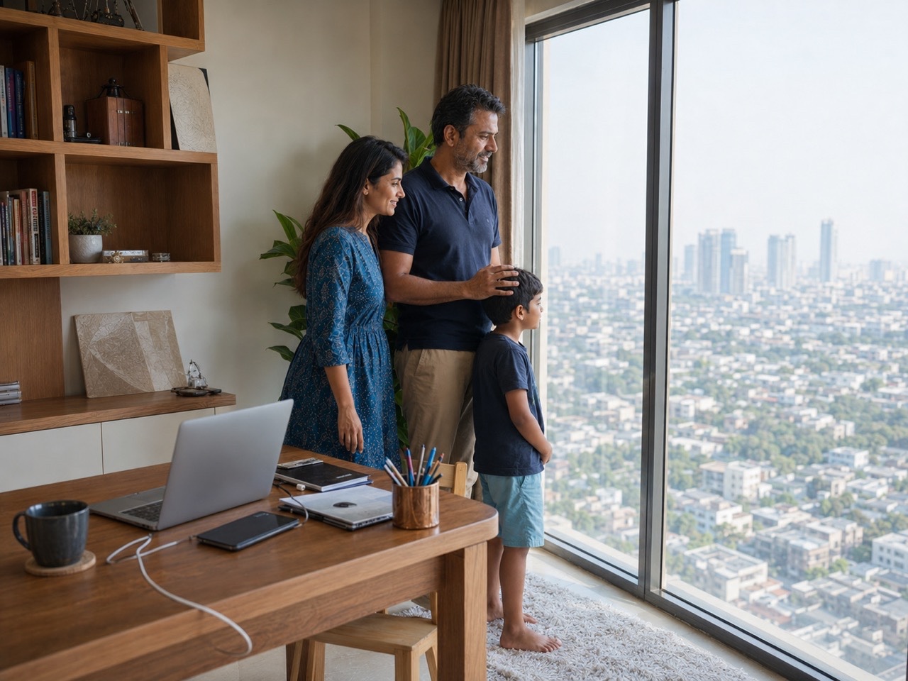 Family Looking at City View From Home Office Window | Royalty-Free image | Pixlaris
