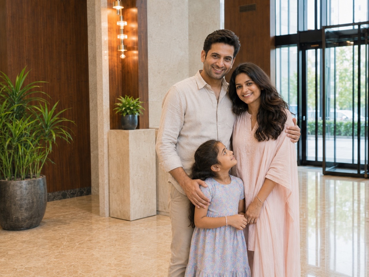 Smiling Indian Family Portrait in Modern Apartment Lobby | Royalty-Free image | Pixlaris