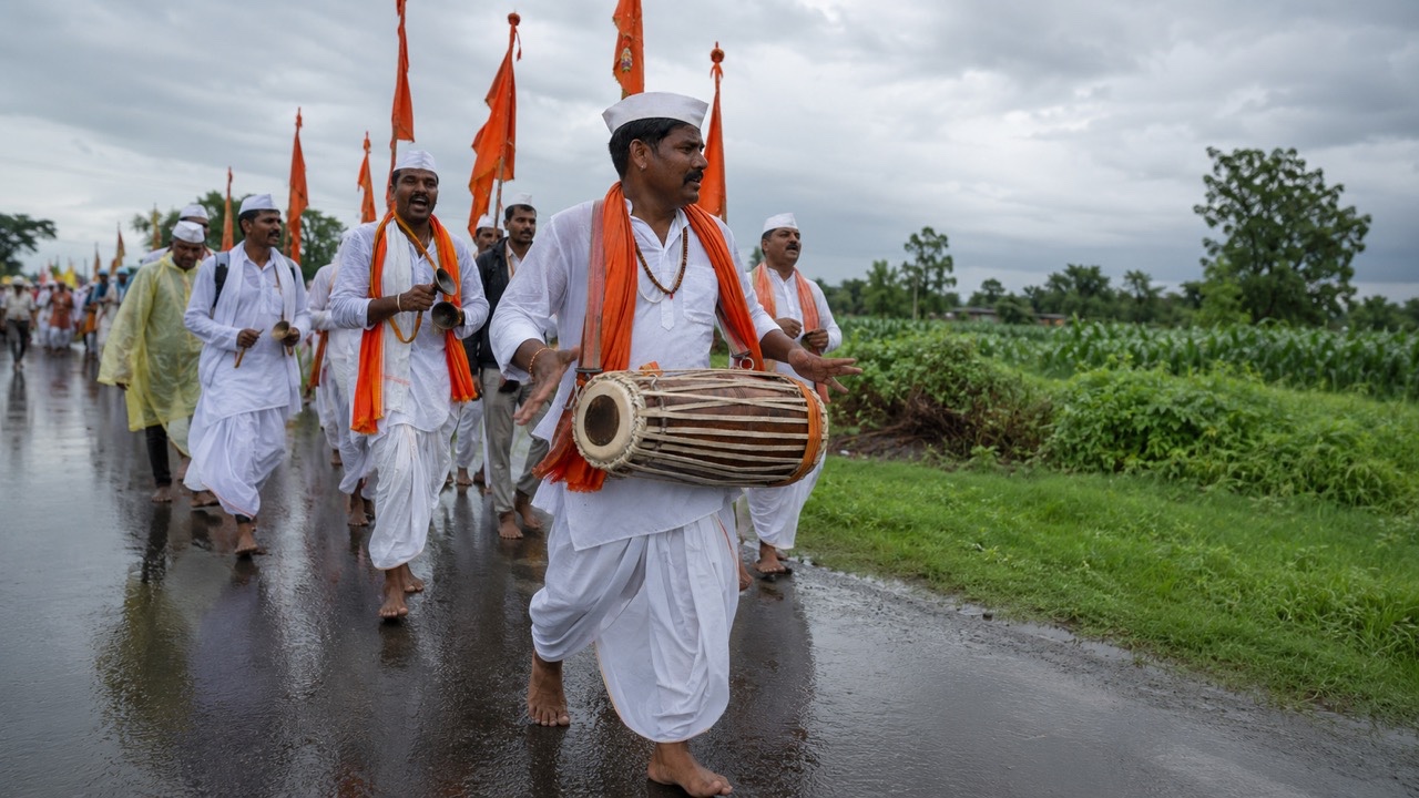 Varkari Drummer Leading Ashadhi Wari Procession in Rain | Royalty-Free image | Pixlaris