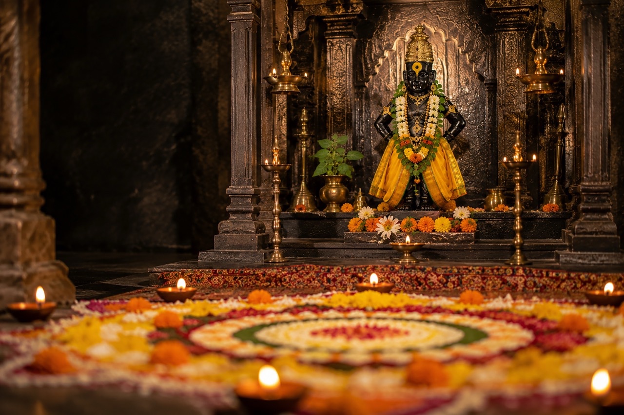 Lord Vitthal Idol with Floral Rangoli and Oil Lamps | Royalty-Free image | Pixlaris