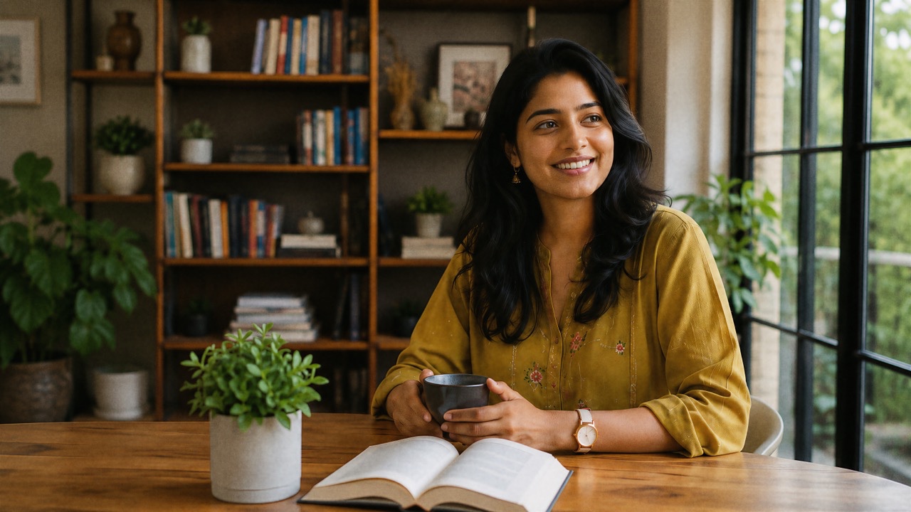 Indian Woman Enjoying Tea and Reading in a Cozy Home Interior