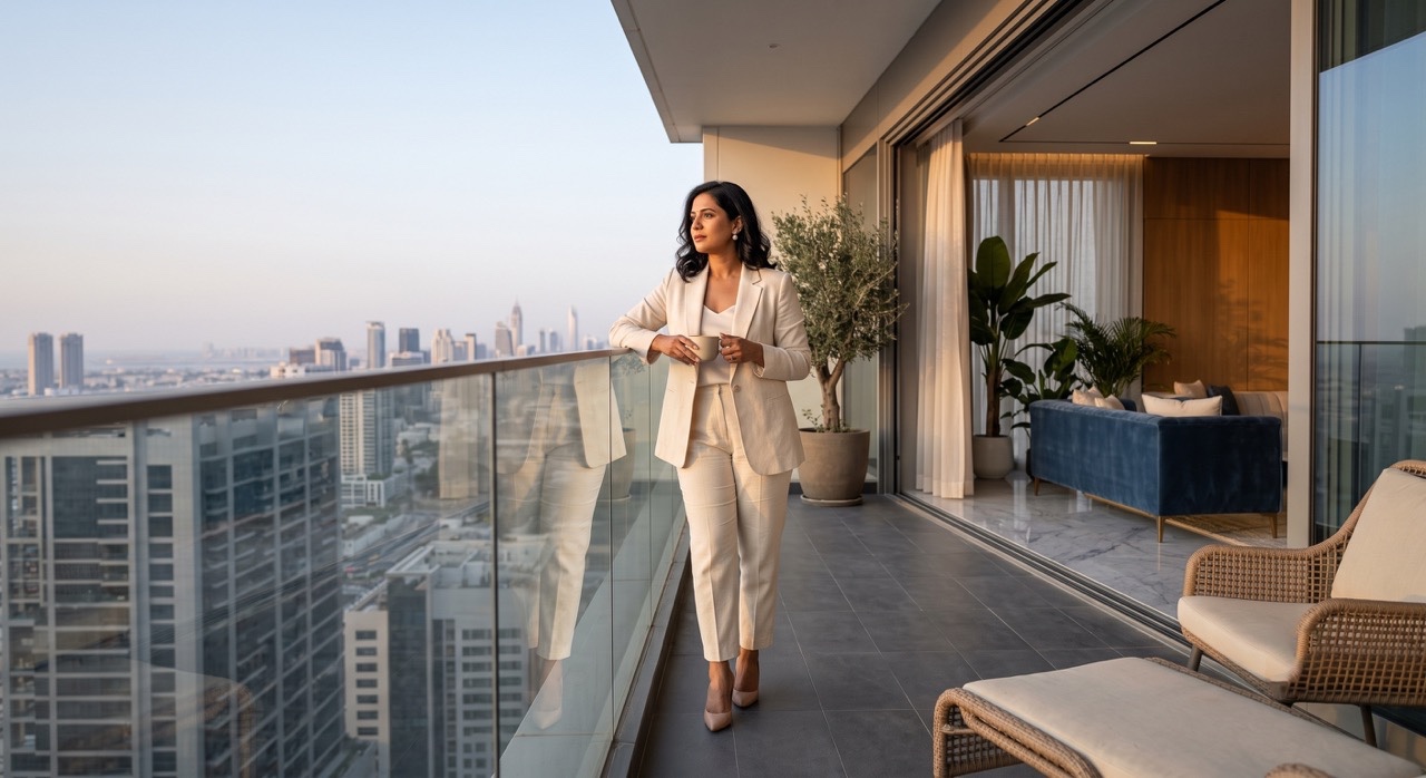 Indian Woman Leaning on Balcony Railing at Luxury High-Rise Residence | Royalty-Free image | Pixlaris