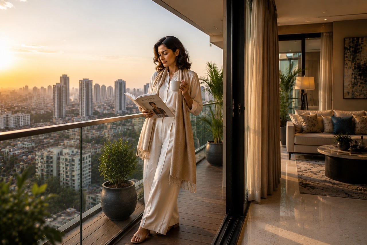Elegant Woman Sipping Coffee on High-Rise Balcony at Sunset | Royalty-Free image | Pixlaris