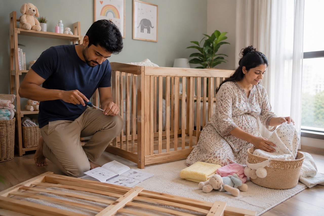 Expecting Indian Couple Preparing Baby Nursery Together | Royalty-Free image | Pixlaris