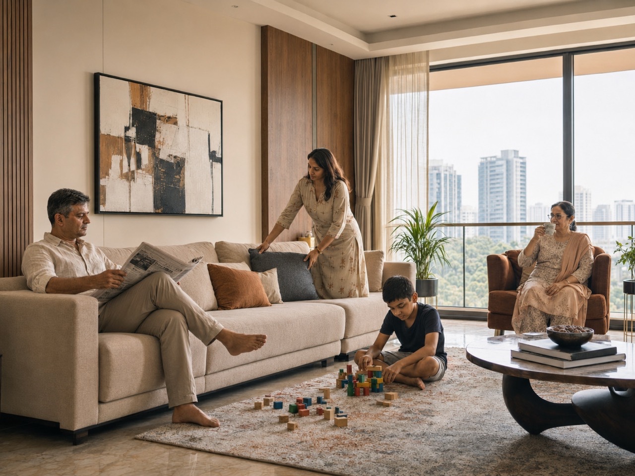 Boy Celebrating Block Tower in Luxury Apartment Living Room | Royalty-Free image | Pixlaris