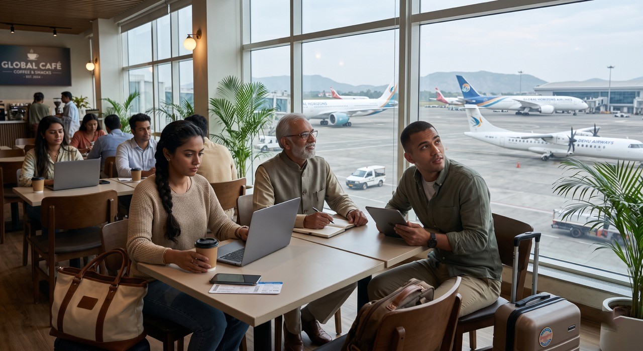 Airport Cafe Travelers Working with Runway View