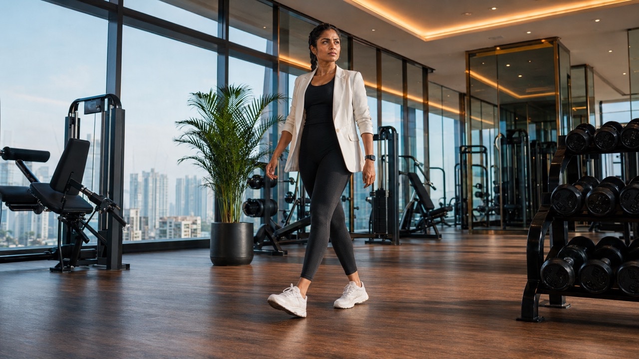 Luxury Fitness Woman Walking Through High-End Gym Studio | Royalty-Free image | Pixlaris