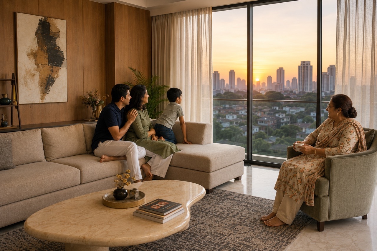 Indian Family Watching Sunset From Luxury Apartment Living Room | Royalty-Free image | Pixlaris