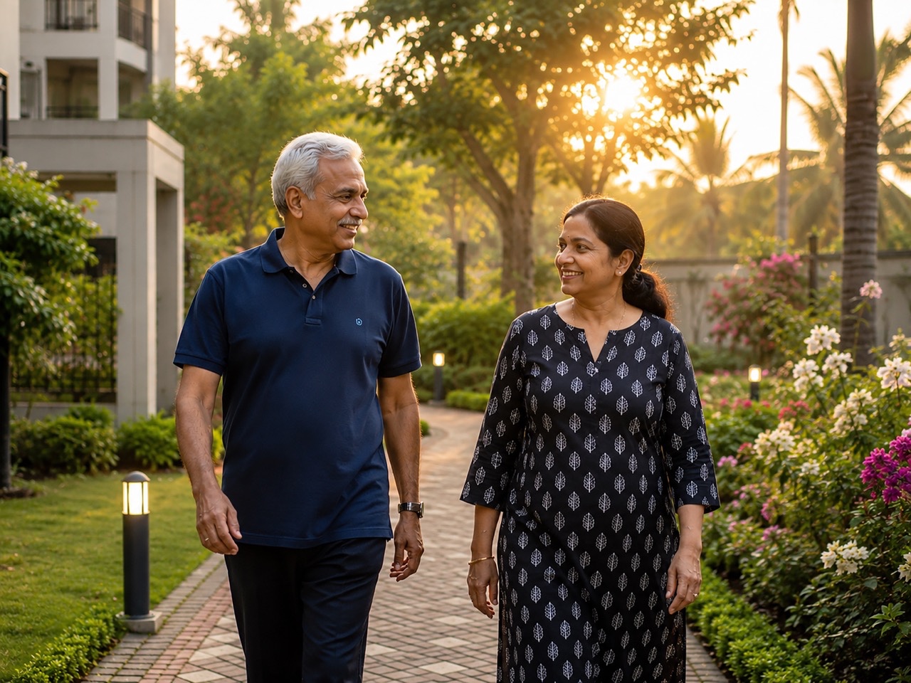 Senior Indian Couple Enjoying Morning Walk in Residential Garden at Sunrise Large