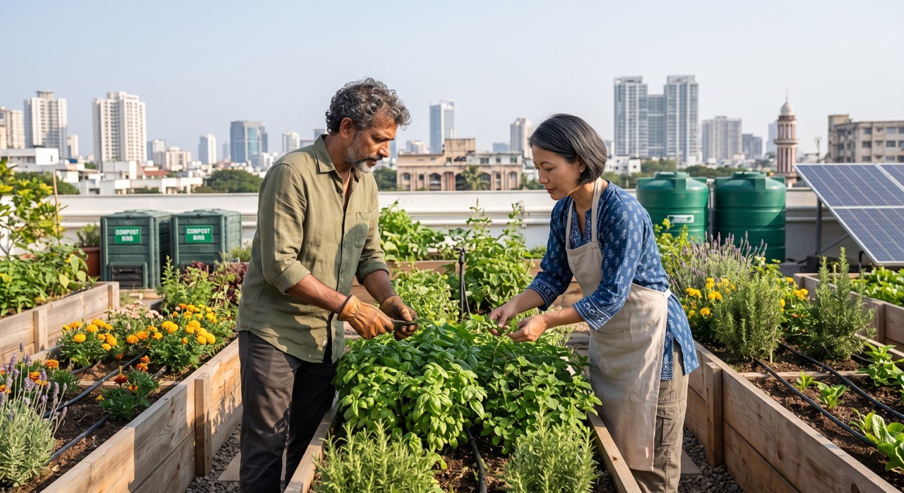 Urban Rooftop Community Garden with Sustainable Organic Farming