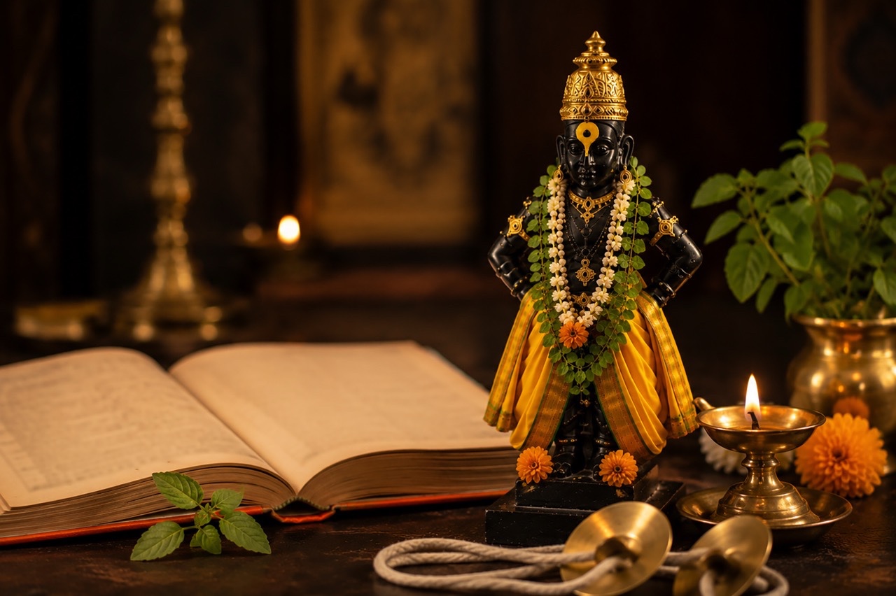 Lord Vitthal Idol Beside Open Devotional Book and Brass Diya | Royalty-Free image | Pixlaris