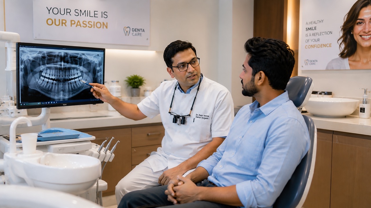 Indian Dentist Explaining Digital Dental X-Ray Results to Patient During Consultation Large