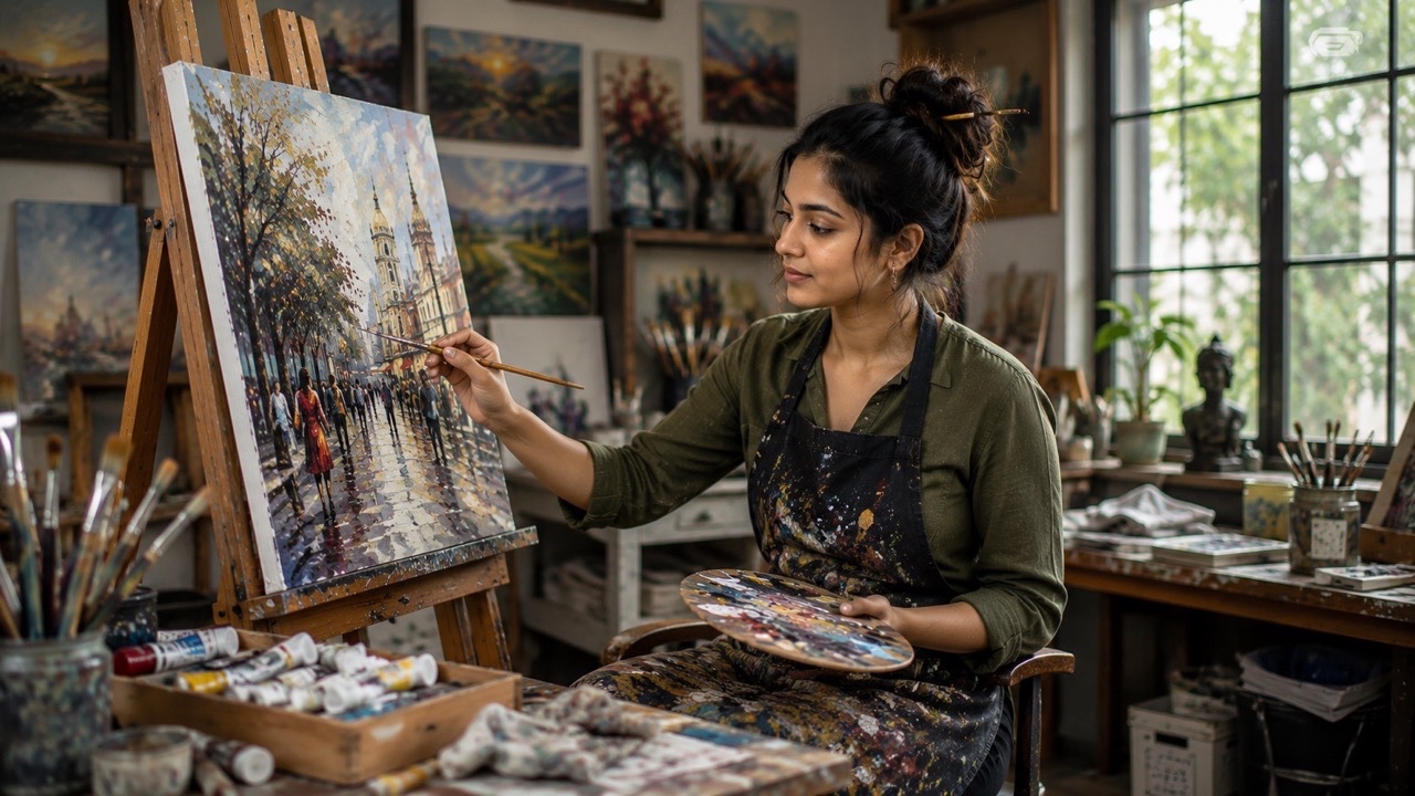 Indian Female Artist Painting Canvas in Creative Art Studio