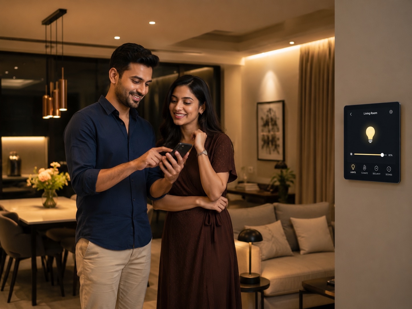 Young Indian Couple Controlling Smart Home Lighting with Smartphone in Modern Luxury Apartment