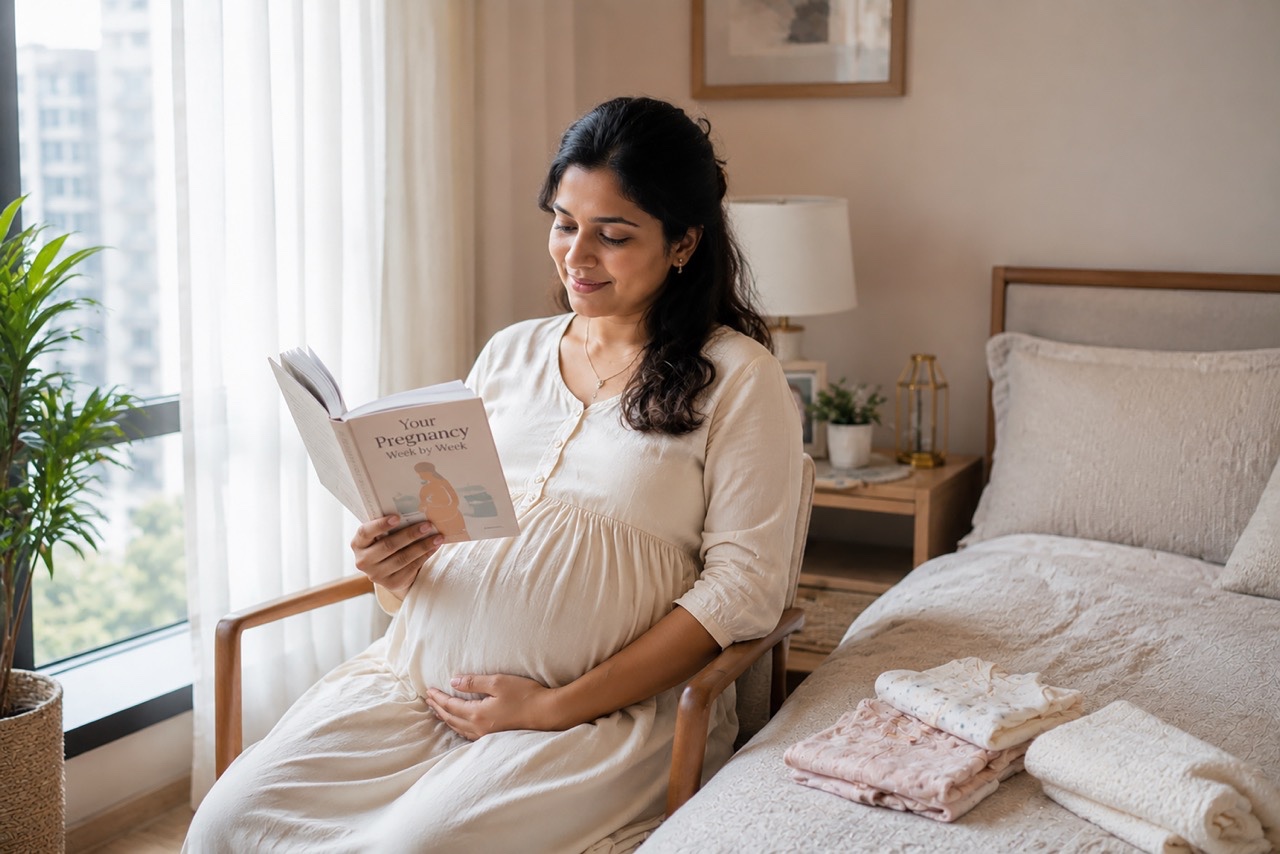 Pregnant Woman Reading Pregnancy Guide at Home | Royalty-Free image | Pixlaris