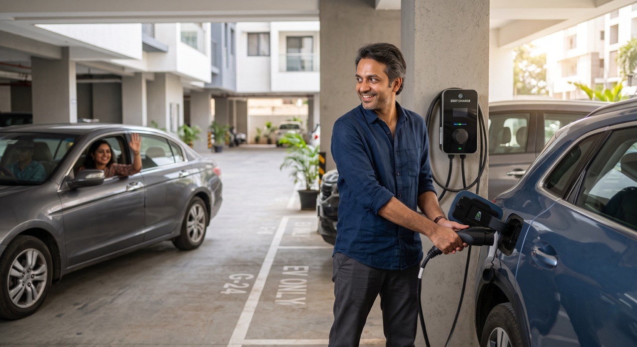 Indian Man Charging Electric Car in Modern Apartment Parking