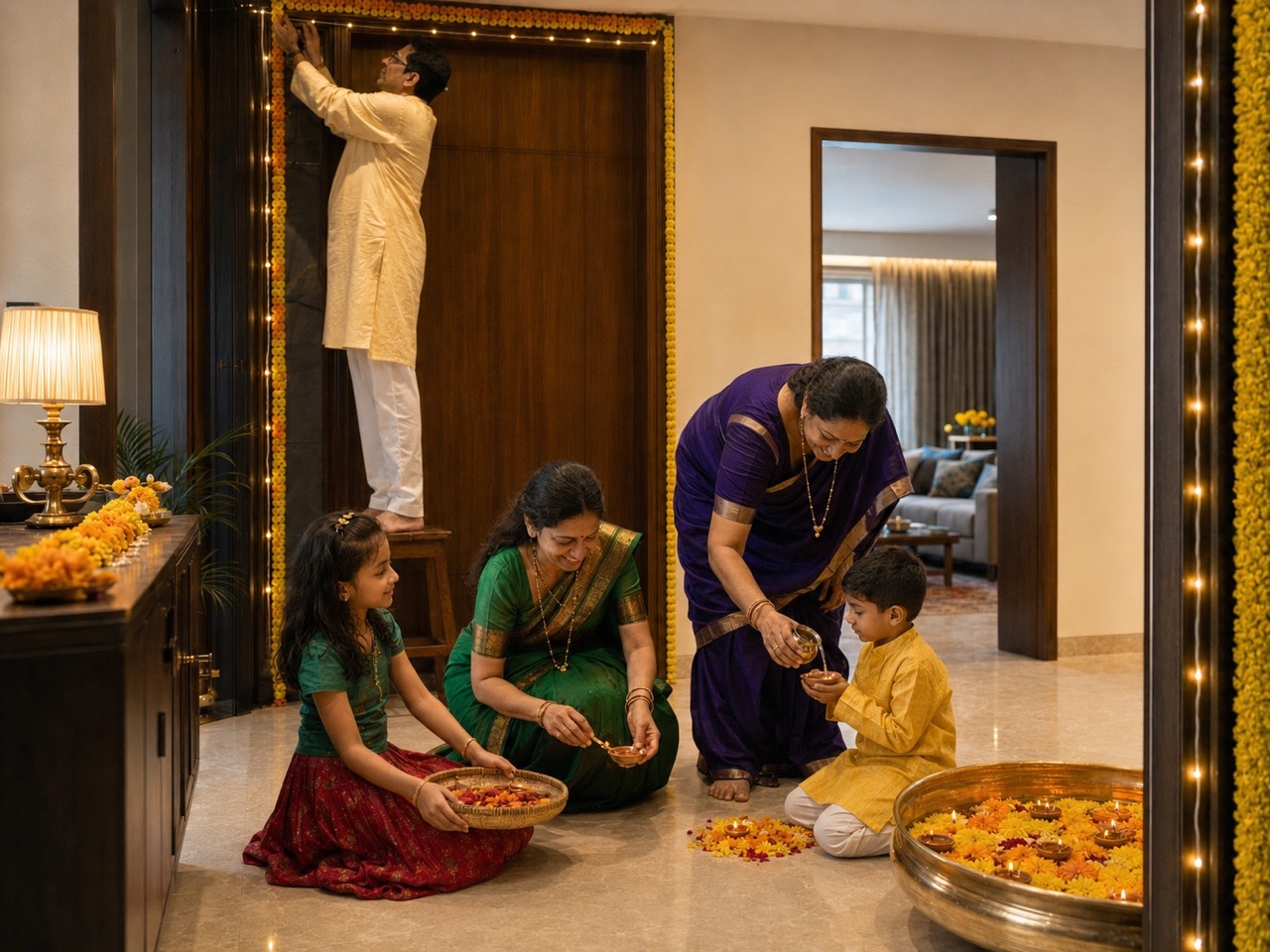Maharashtrian Family Preparing Marigold Lights at Home Entrance | Royalty-Free image | Pixlaris