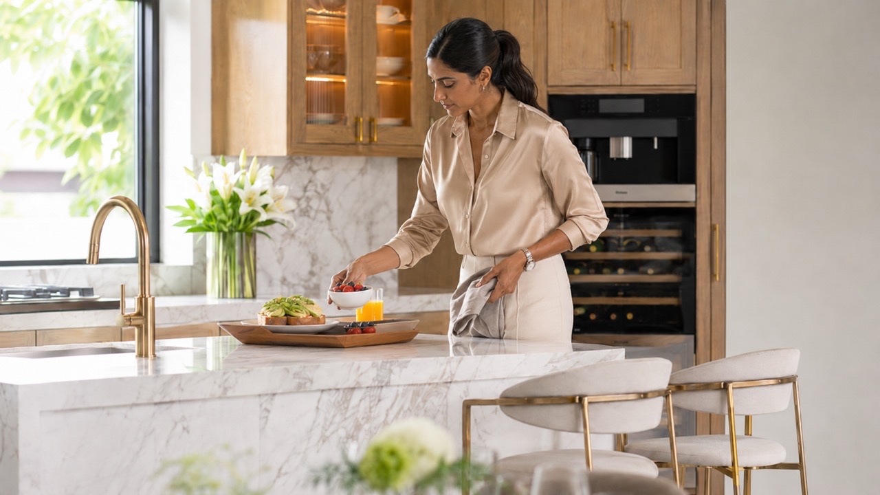 Elegant Woman Arranging Healthy Breakfast Tray in Premium Kitchen | Royalty-Free image | Pixlaris