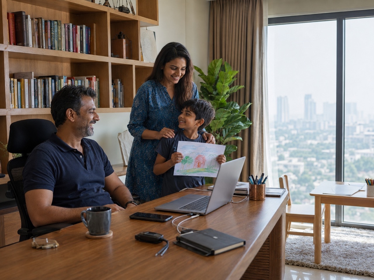 Child Showing Drawing to Parents in Modern Home Office | Royalty-Free image | Pixlaris