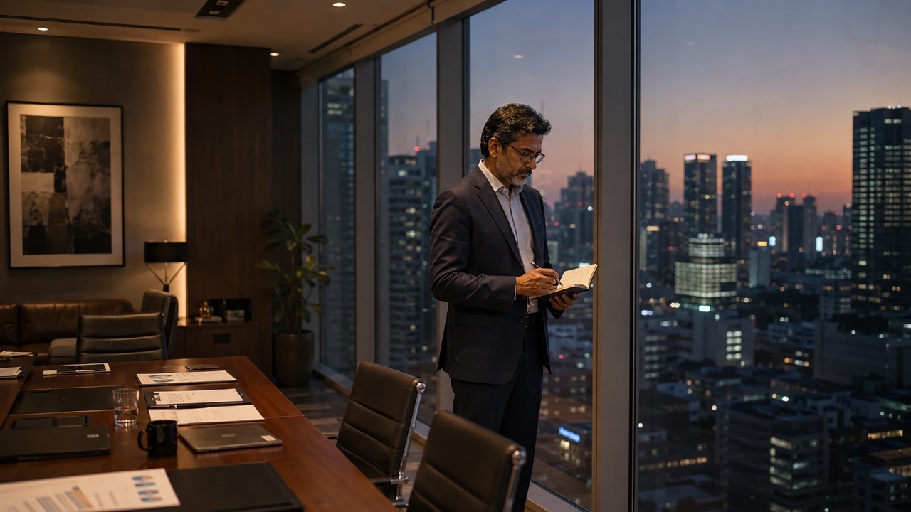 Indian Business Executive Planning Strategy While Reviewing Notes in Corporate Boardroom at Dusk Large