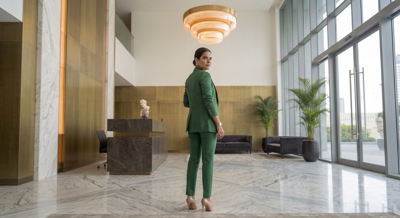 Back View of Businesswoman in Luxury Office Lobby | Royalty-Free image | Pixlaris