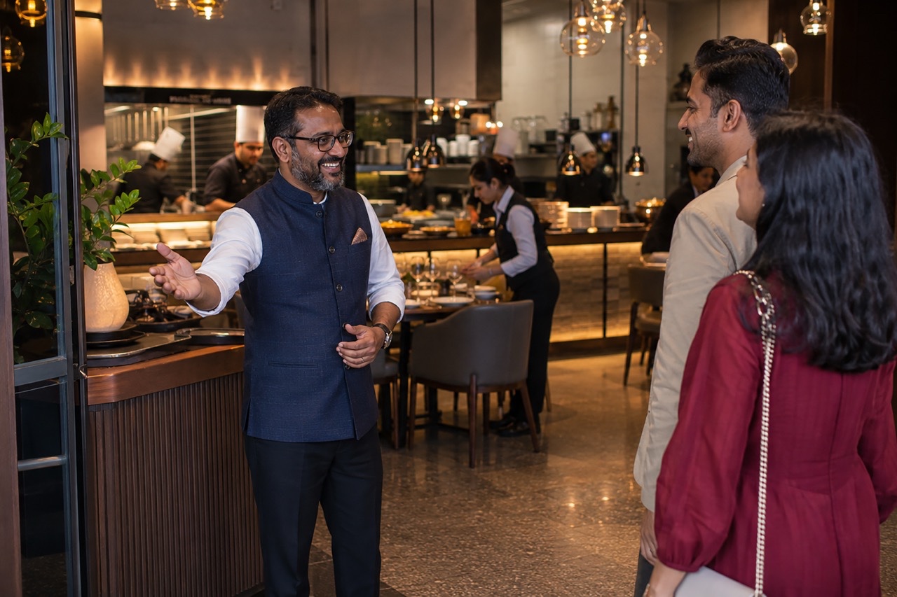Restaurant Host Welcoming Guests at Fine Dining Entrance | Royalty-Free image | Pixlaris