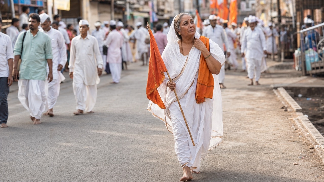 Elderly Woman Warkari Carrying Saffron Flag in Town Procession | Royalty-Free image | Pixlaris