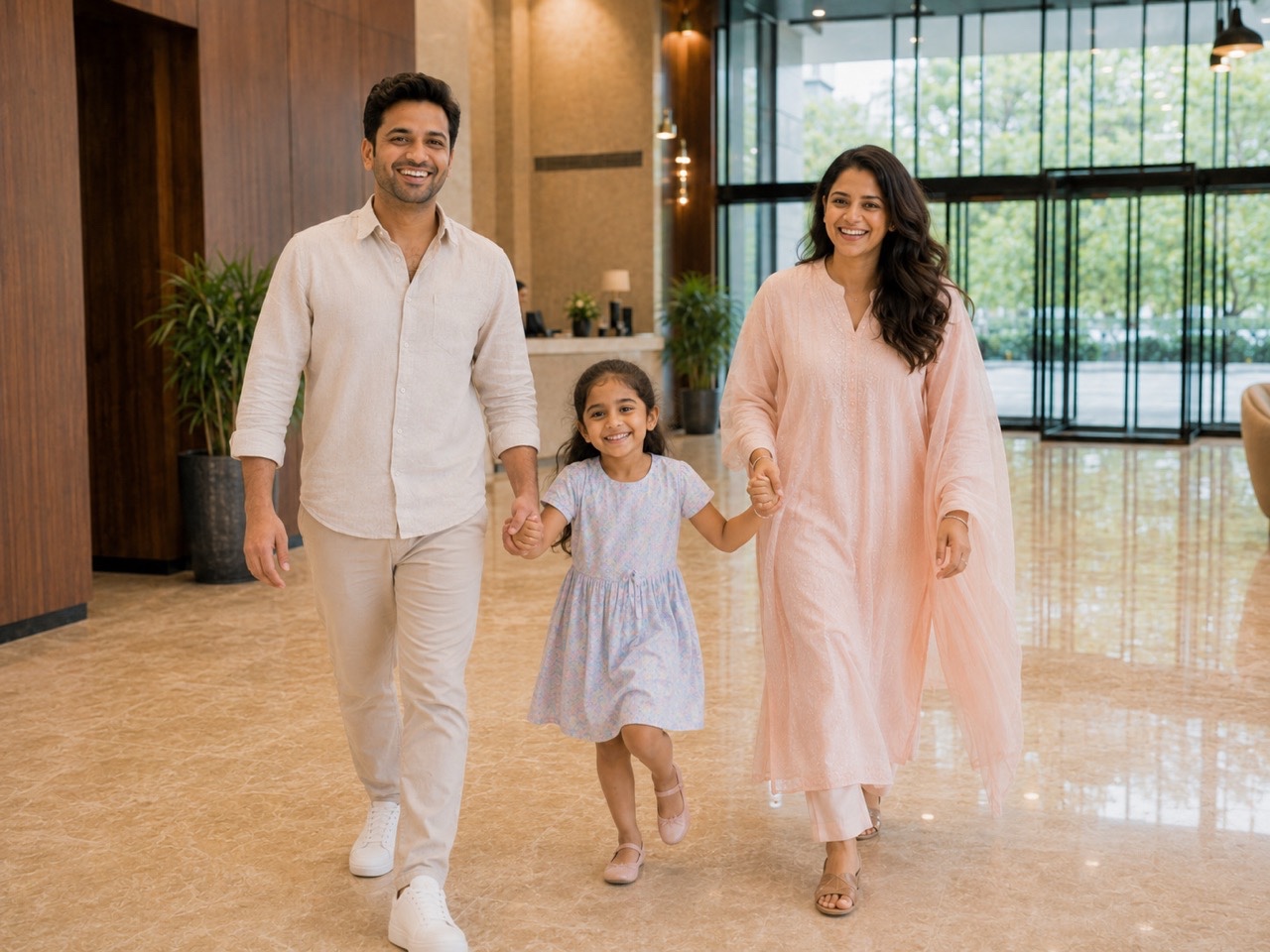 Happy Indian Family Walking Through Luxury Apartment Lobby | Royalty-Free image | Pixlaris