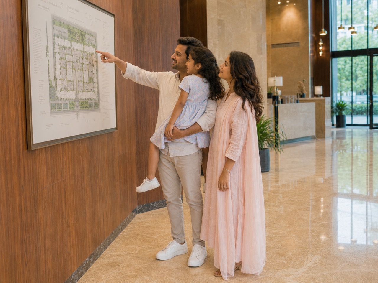Family Reviewing Apartment Layout Plan in Luxury Residential Lobby | Royalty-Free image | Pixlaris