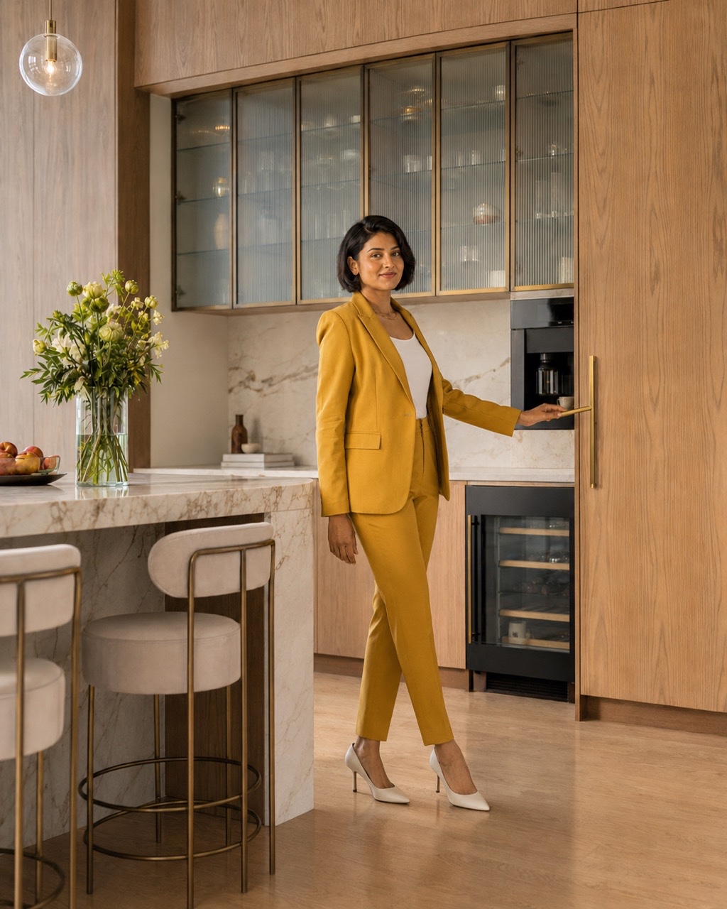 Indian Woman Opening Tall Cabinet in Luxury Apartment Kitchen | Royalty-Free image | Pixlaris