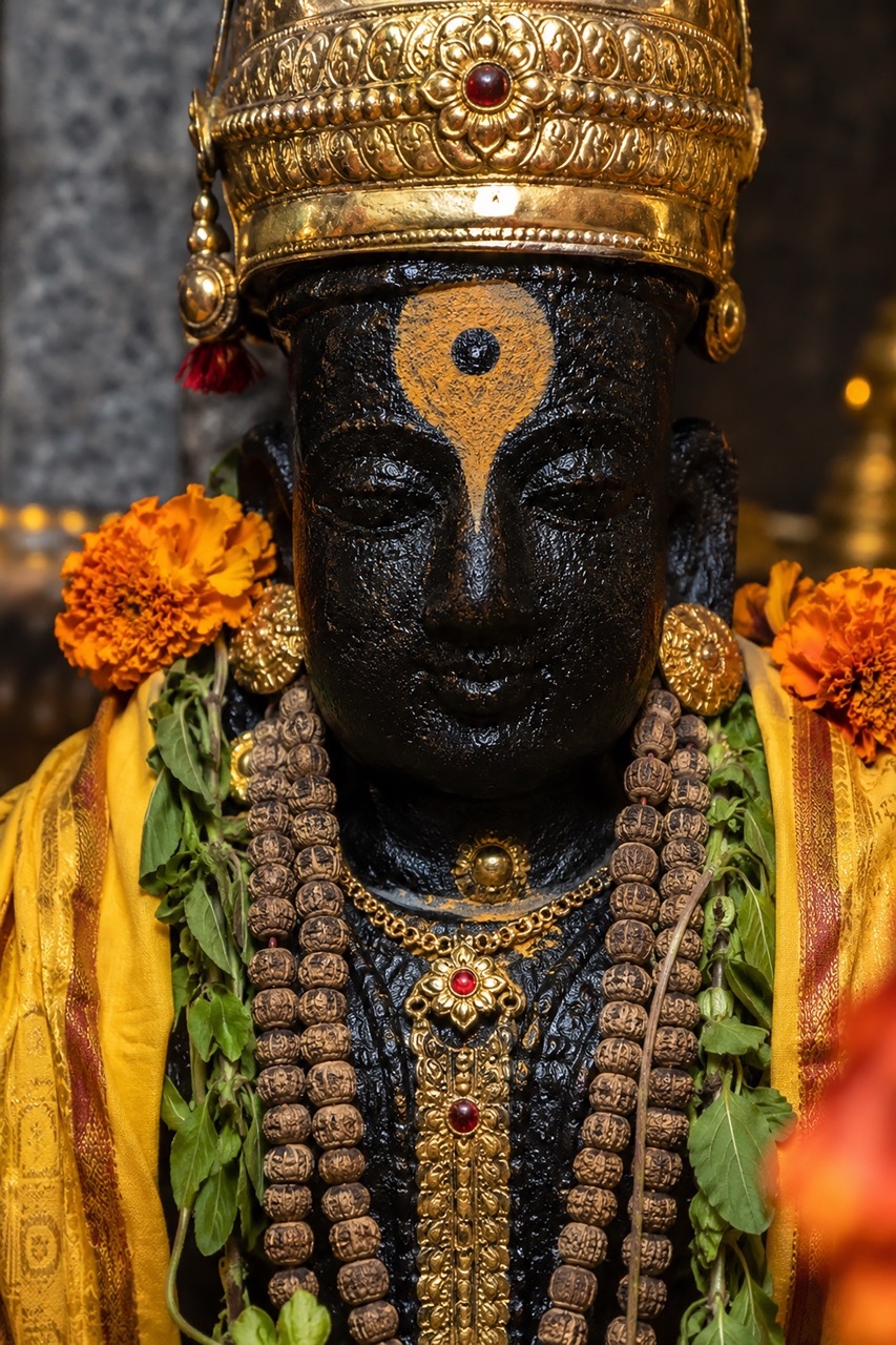 Close-up Portrait of Lord Vitthal Idol Face with Golden Crown | Royalty-Free image | Pixlaris