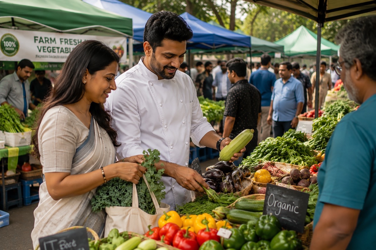 Indian Couple Shopping for Fresh Organic Vegetables at Local Farmers Market Large