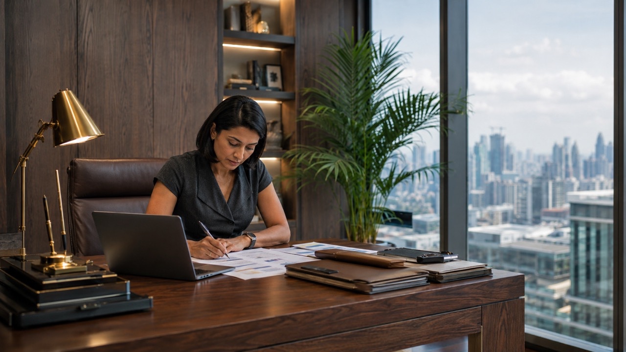 Businesswoman Using Tablet for Financial Planning in Executive Office | Royalty-Free image | Pixlaris