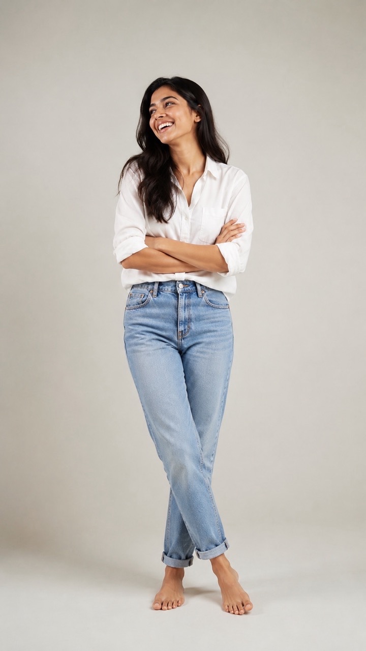 Joyful Indian Woman Full Body Portrait on Plain Studio Background
