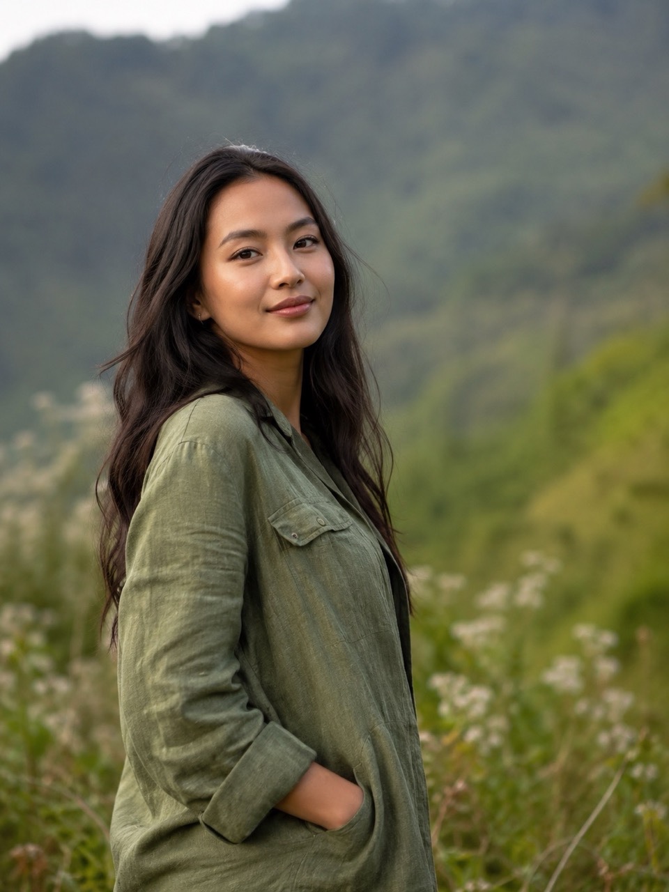 Serene Young Woman Portrait in Green Mountain Nature Landscape