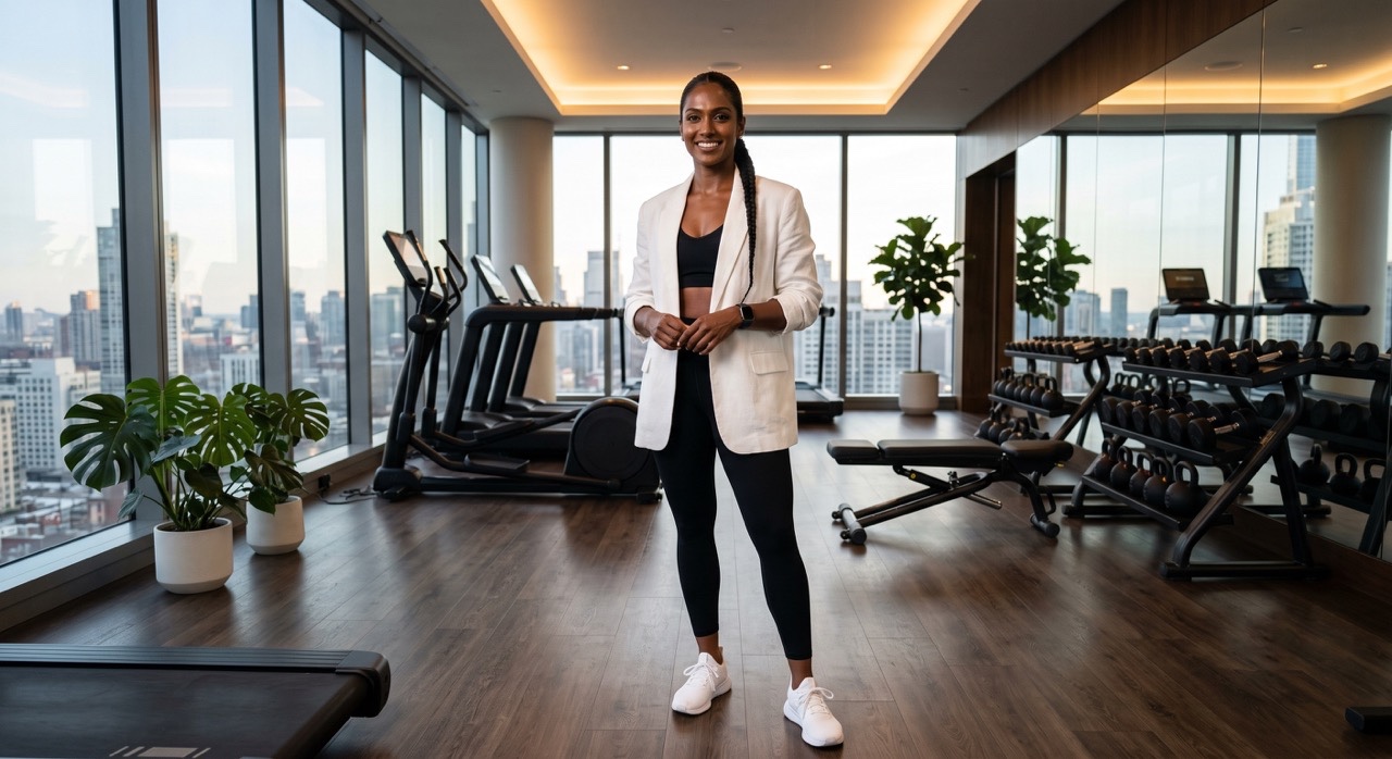 Smiling Woman in Luxury High Rise Gym Interior | Royalty-Free image | Pixlaris