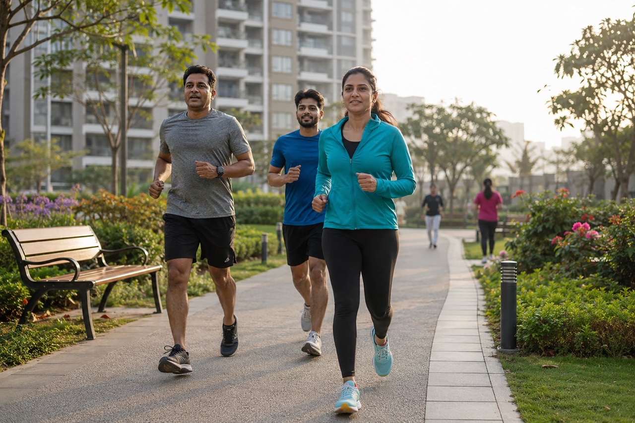 Residents Enjoy Morning Jogging in Luxury Residential Community Park | Royalty-Free image | Pixlaris
