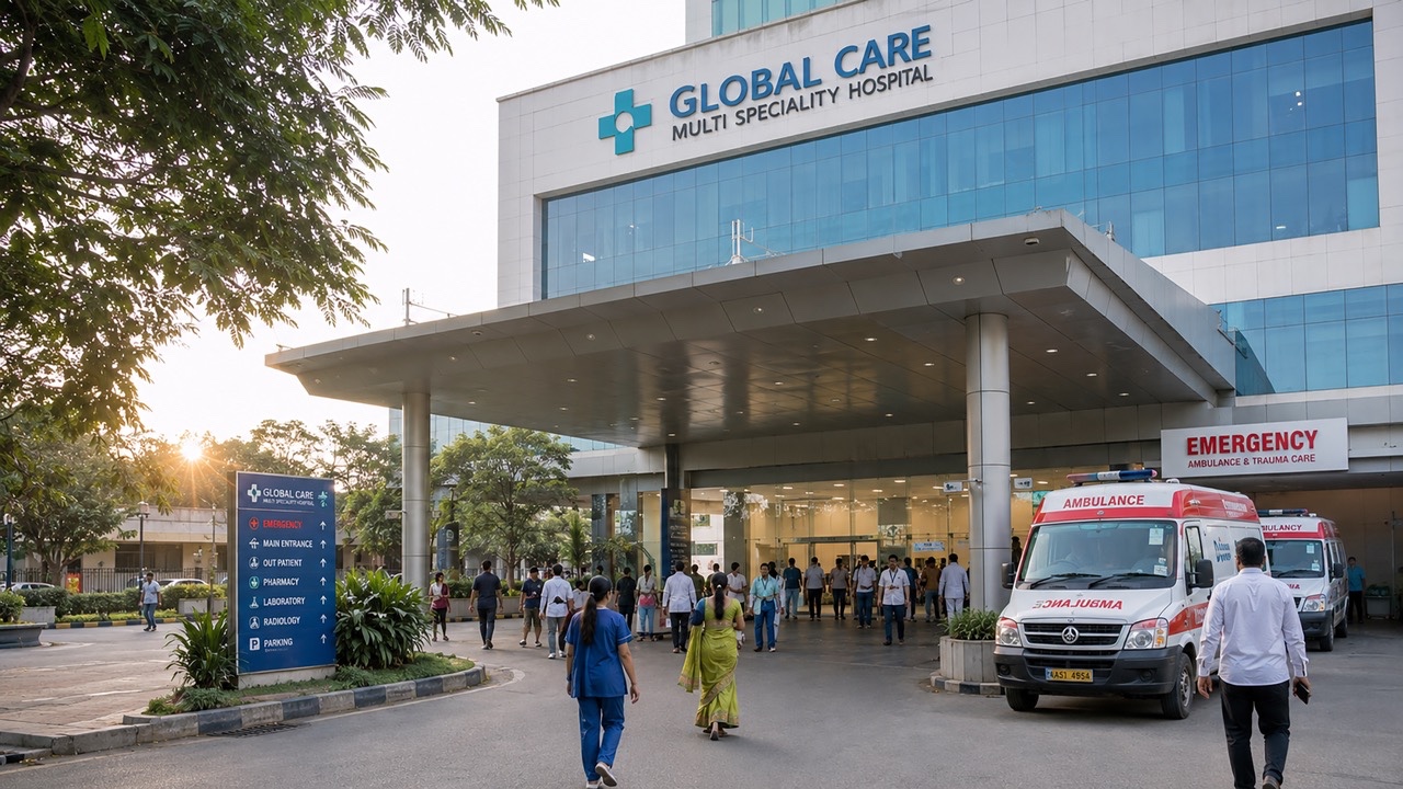 Modern Multi Specialty Hospital Building Exterior with Emergency Department and Ambulance Services Large
