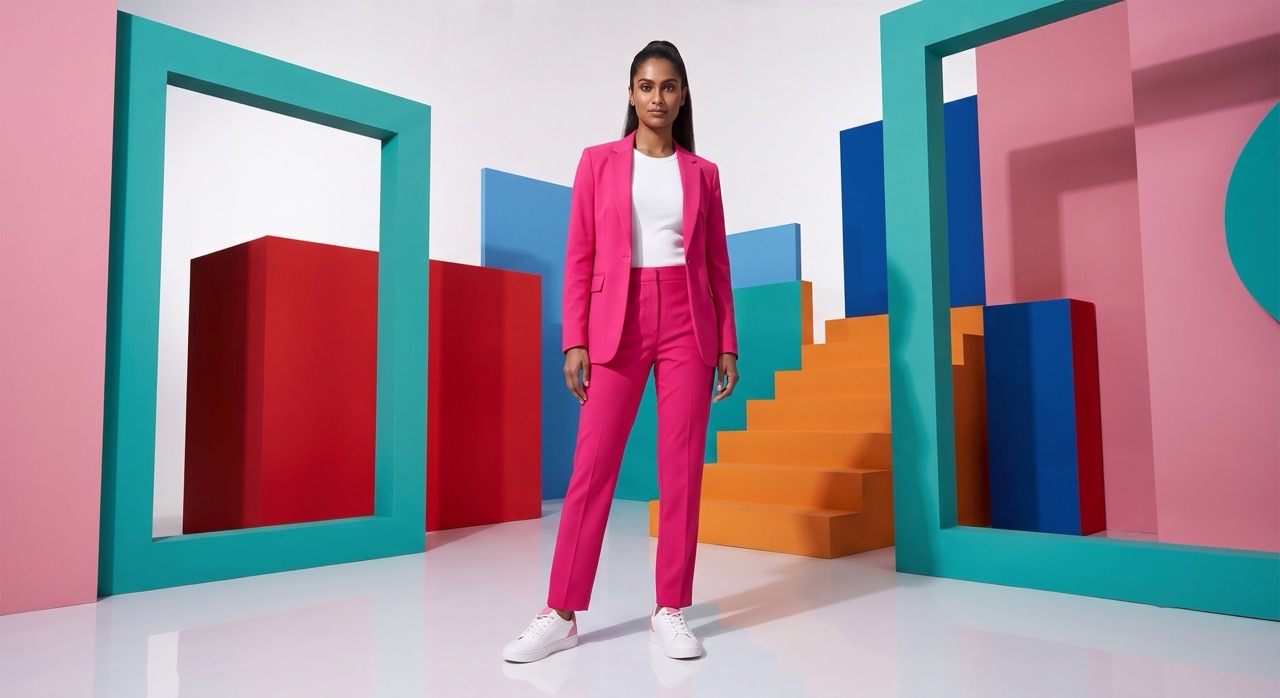 Indian Model in Pink Suit Standing in Color Block Studio | Royalty-Free image | Pixlaris